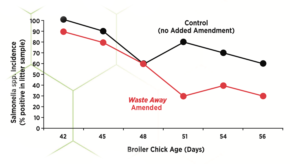 Study of broiler chicks shows lower levels of Salmonella when Waste Away® is added.